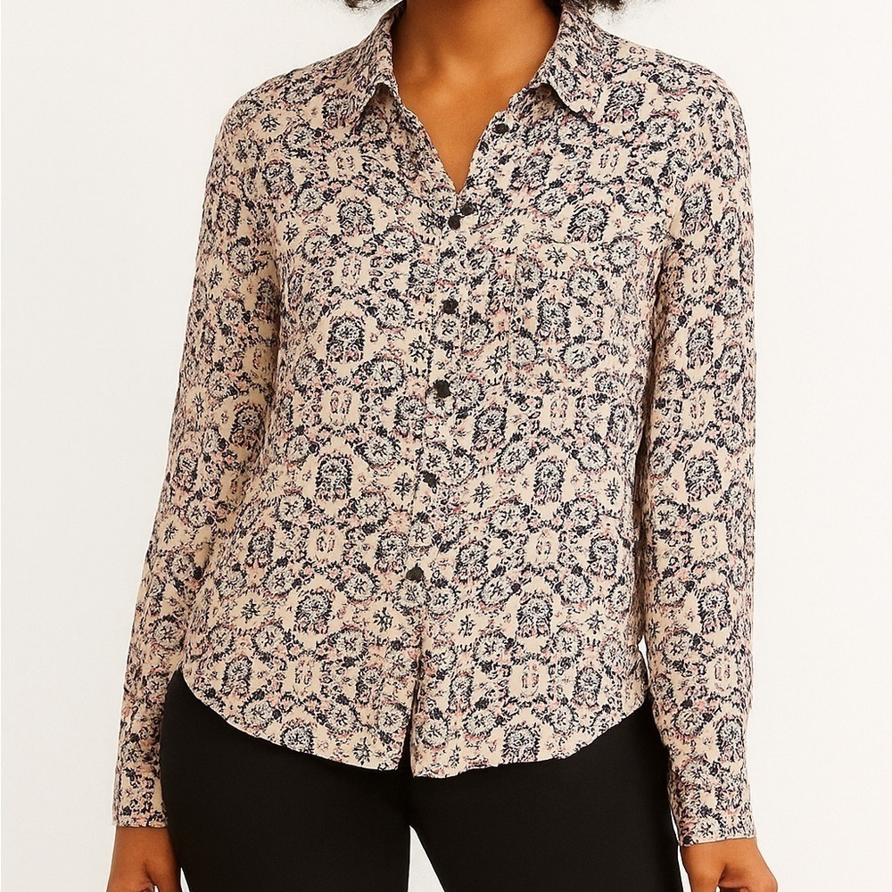 Natural Life Collared Boho Patterned Long Sleeve Button Front Top SIZE XL